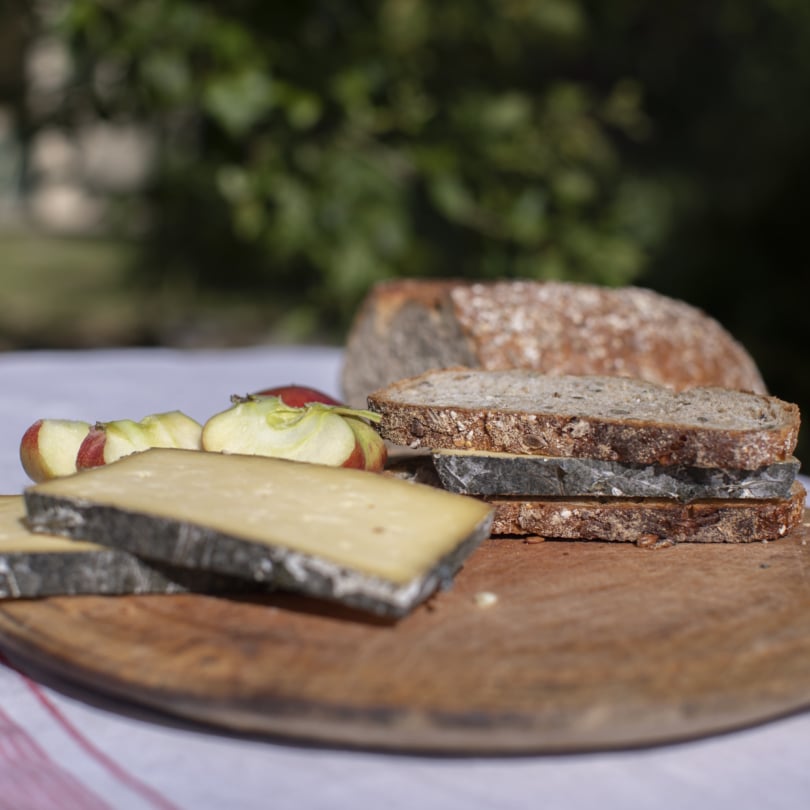 slices of Cornish Yarg, bread and apple on a picnic table