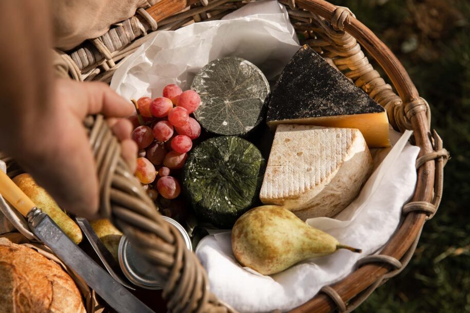 Cornish cheeses in picnic basket